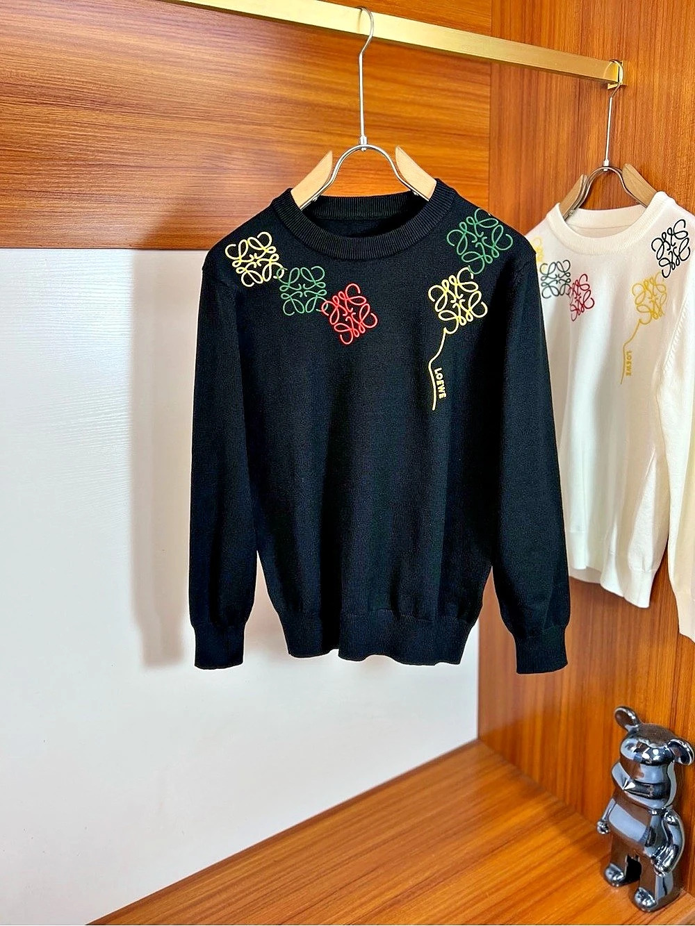 Loewe Anagram Embroidered Wool Blend Sweater, Black & Green